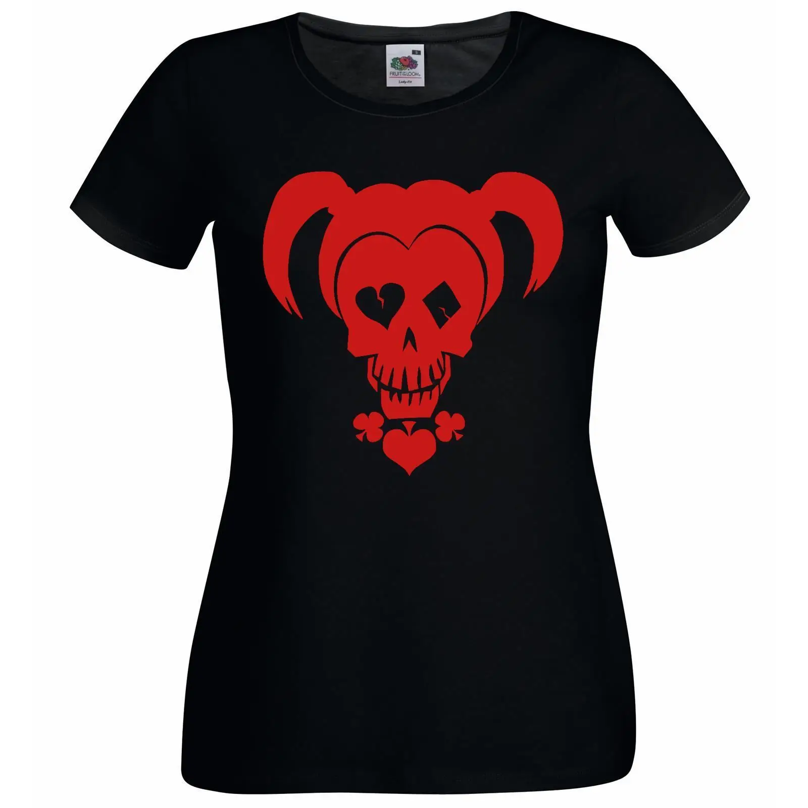 Camiseta negra ajustada con calavera de arlequin para mujer, villano malvado, Henchwoman