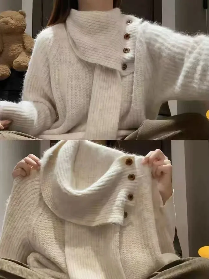 

Ele Thi вязаный свитер с шарфом и воротником, женская осенне-зимняя верхняя одежда Faion, внутренняя одежда, ленивый, высококачественный, красивый