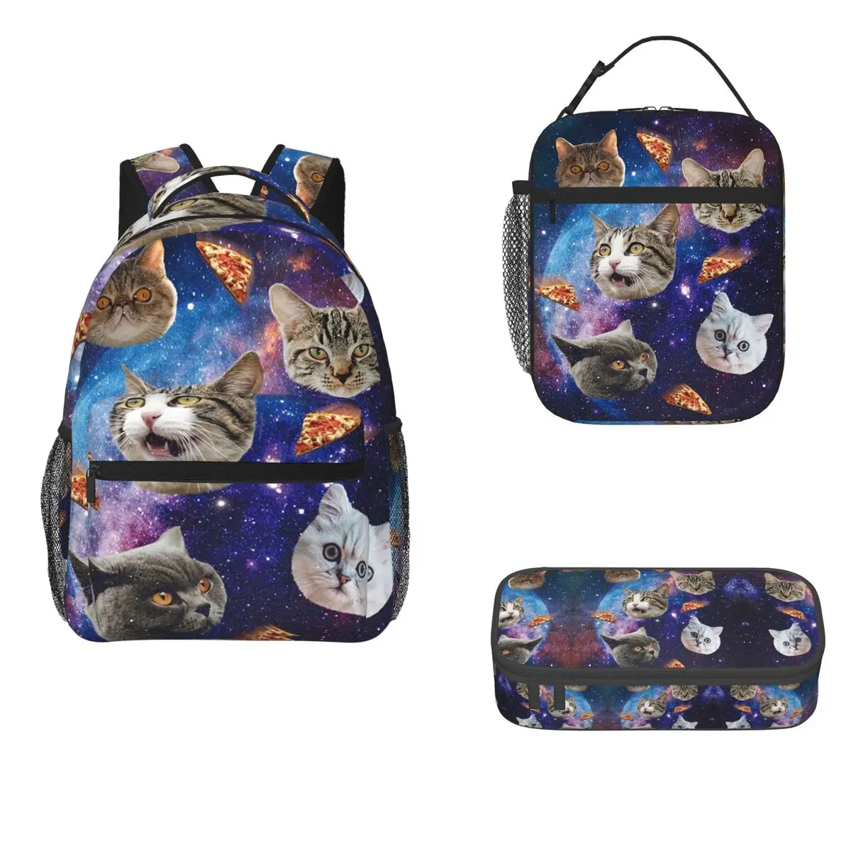 Space Cat Heads Backpacks Boys Girls Bookbag Children School Bags Cartoon Kids Rucksack Lunch Bag Pen Bag Three-Piece Set