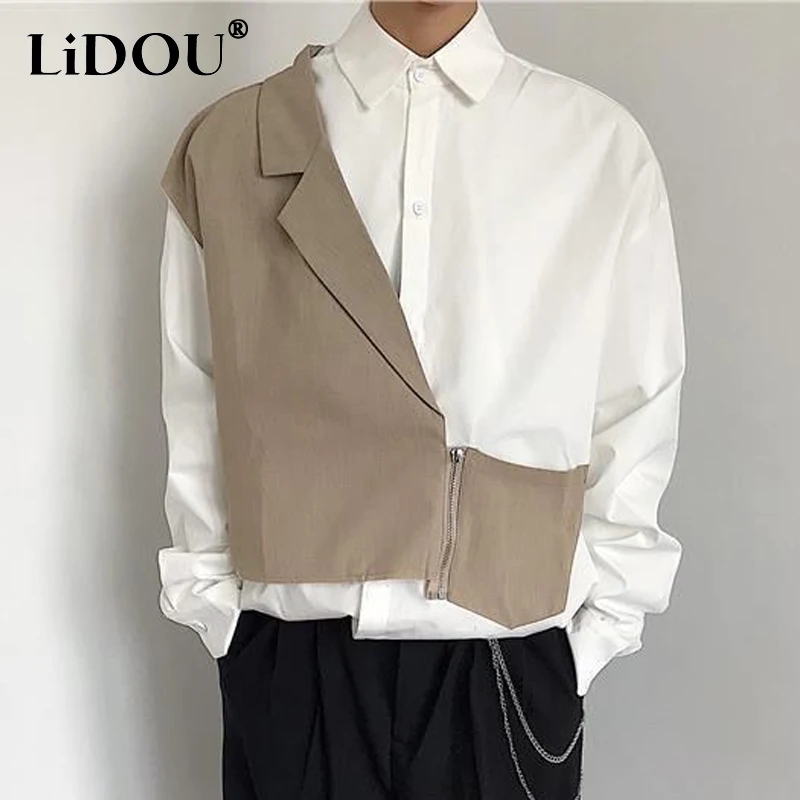 2023 Spring Autumn New Turn-down Collar Long Sleeve Button Shirt Man Fake Two Pieces Patchwork Zipper Contrast Color Y2K Tops