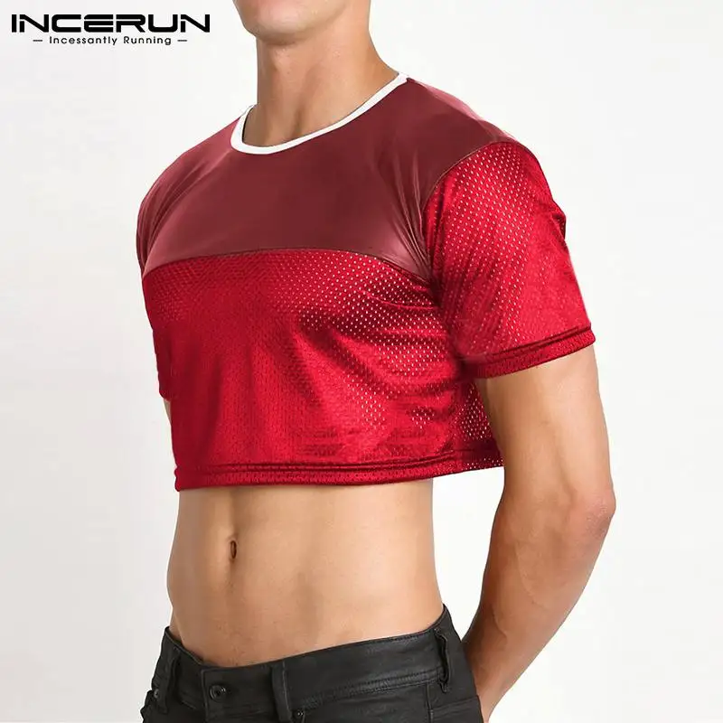 INCERUN Fashionable Casual Style New Men\'s Breathable Mesh Camiseta Short Sleeve Crop Tops 2023 Patchwork Cropped T-Shirts S-5XL