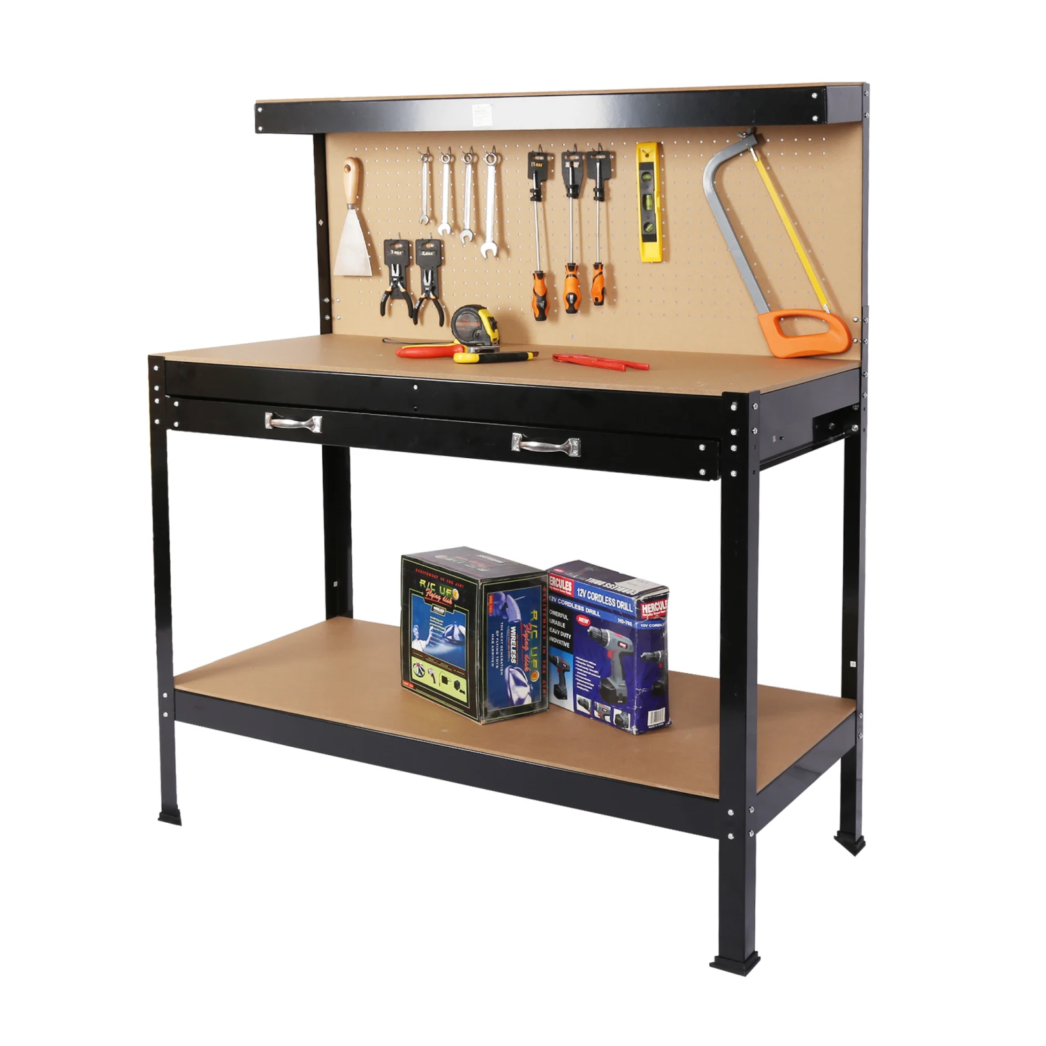 

Steel Workbench Tool Storage Work Bench Workshop Tools Table W/Drawer and Peg Board 63"