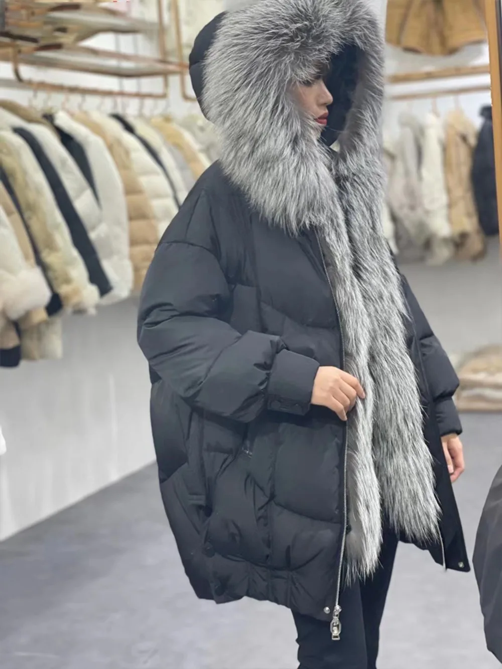 الأبيض أوزة أسفل سترة معطف فرو الثعلب الحقيقي المرأة منتصف طول معطف دافئ غير رسمي 2025 الشتاء سترة الملابس الأوروبية الجديدة الإناث #3
