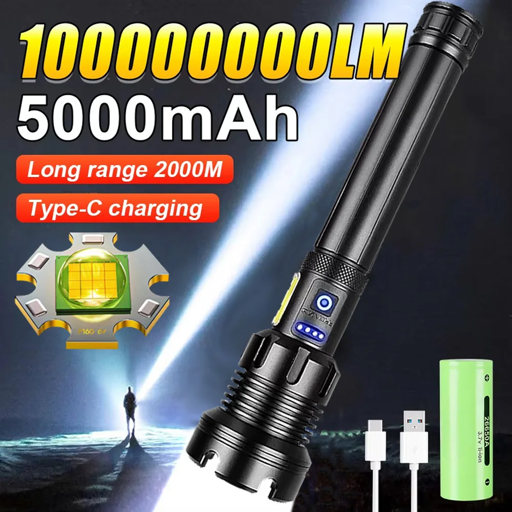 Super Hot Selling XHP390 Powerful LED Flashlight High Power Flashlight Rechargeable Tactical Flashlight 26650 USB Camping Light