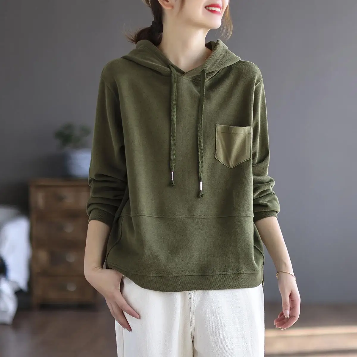 

Корейская весенняя толстовка с капюшоном на шнурке, в стиле пэчворк, с цветными блоками, для повседневной носки, с длинными рукавами, из хлопка, с круглым вырезом