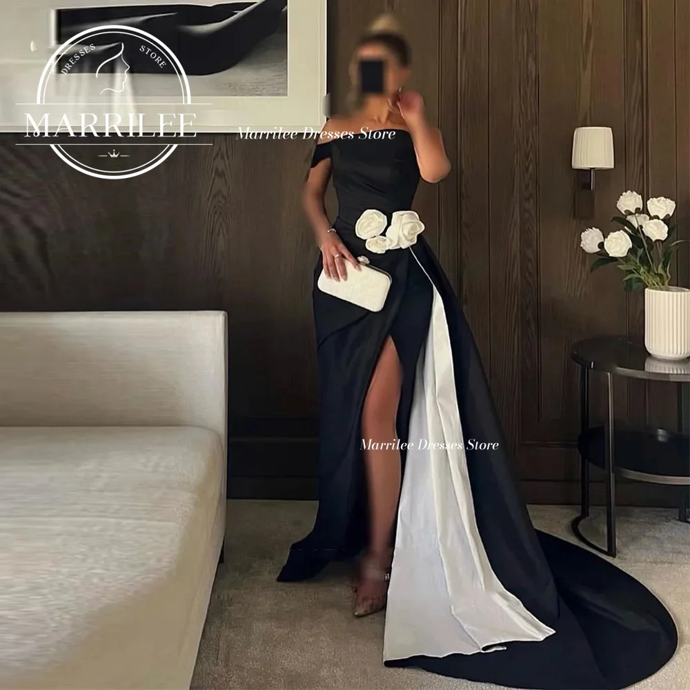 Marrilee-vestido de noche negro con estampado de flores en 3D, traje de noche con un hombro plisado, elegante, largo hasta el suelo, abertura lateral alta