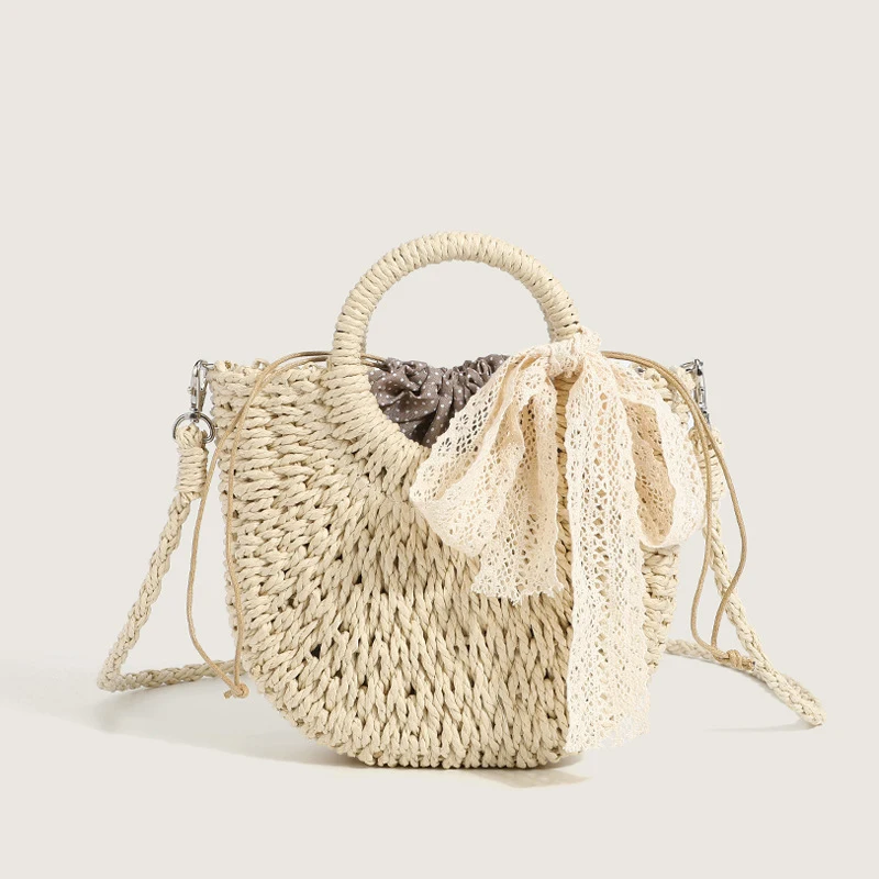 Summer New Simple Handheld Straw Woven Bag Women's Personalized Solid Color Half Round Shoulder Crossbody Travel Vacation Bag