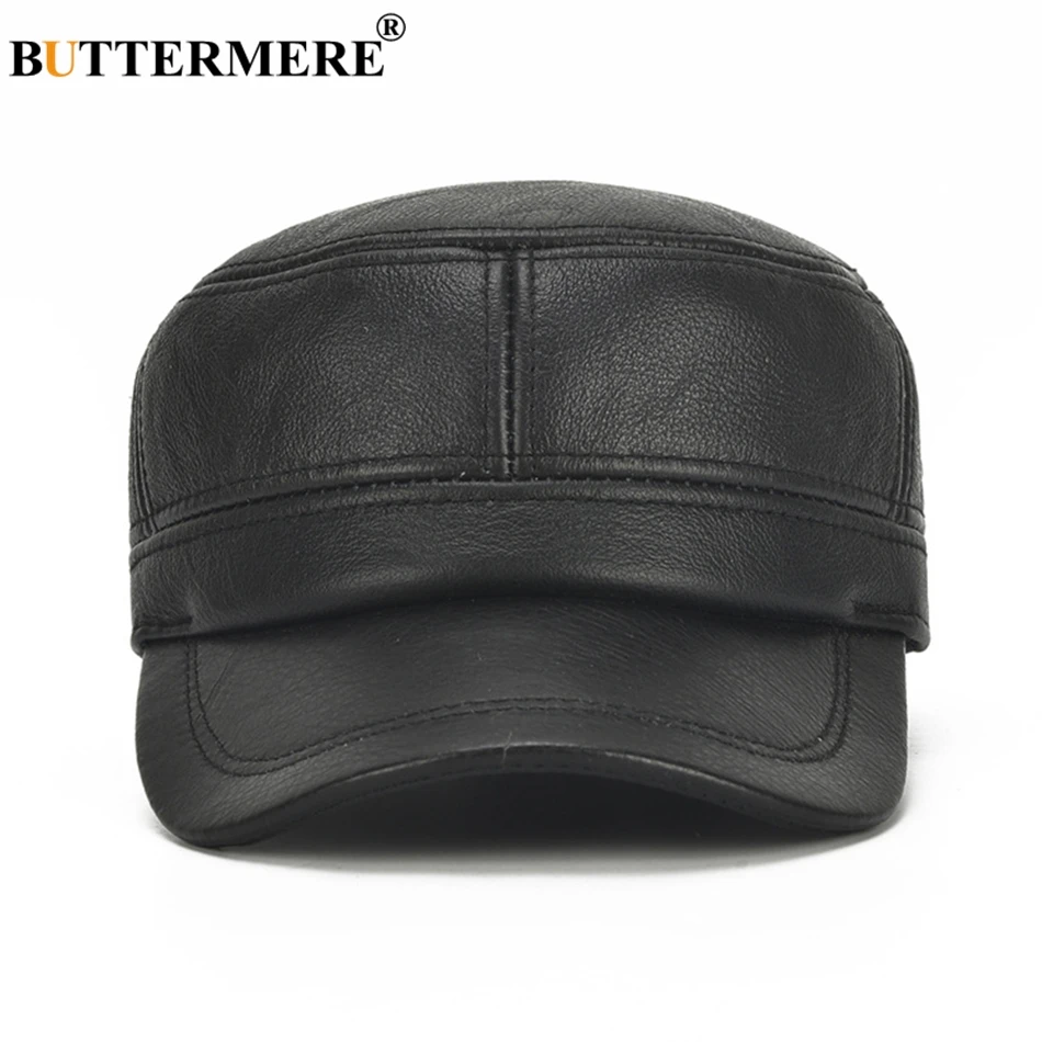 BUTTERMERE Men Cap Military Leather Brown Navy Captain Hat Real Cowskin Leather Adjustable Army Caps Male Winter Fiddler Hats