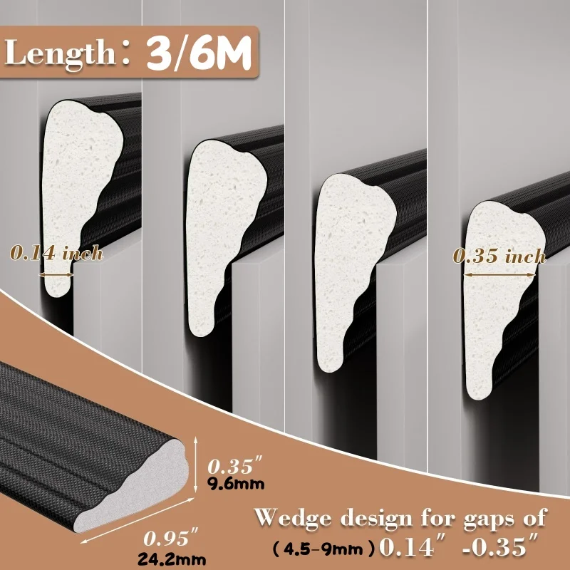 New 3M/6M Acoustic Insulation Foam Wedge Door Weather Stripping, Windows Seal Strip, Door Frame Gap Filler for 4.5-9mm Gaps Seal