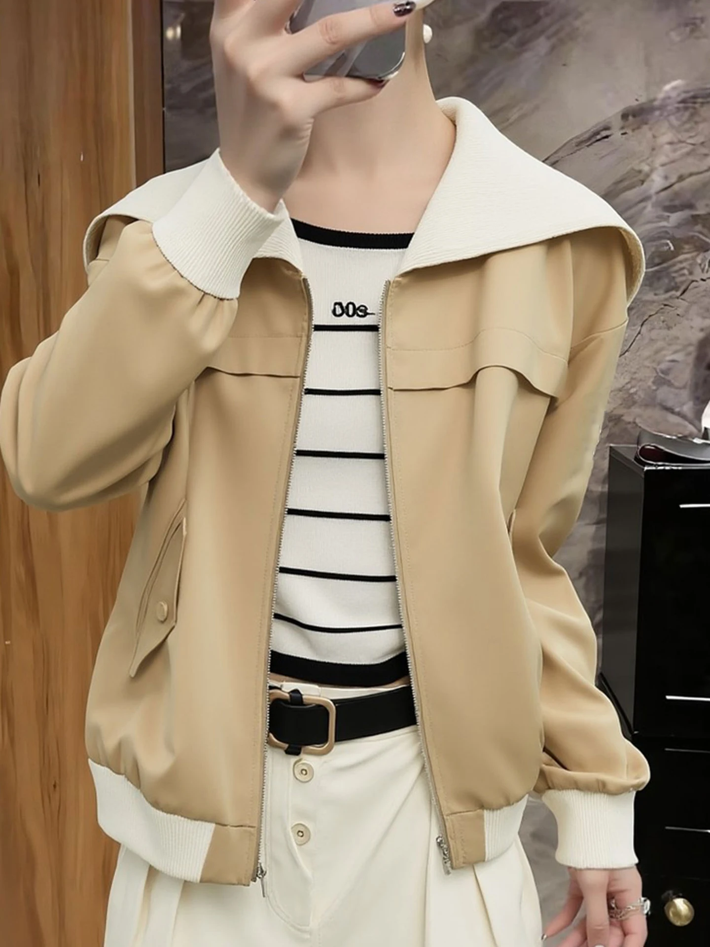 Unique Beautiful Color Block Design Zipper Jacket Spring Versatile Loose Lazy Long Sleeve Women's Top Casual Loose Style