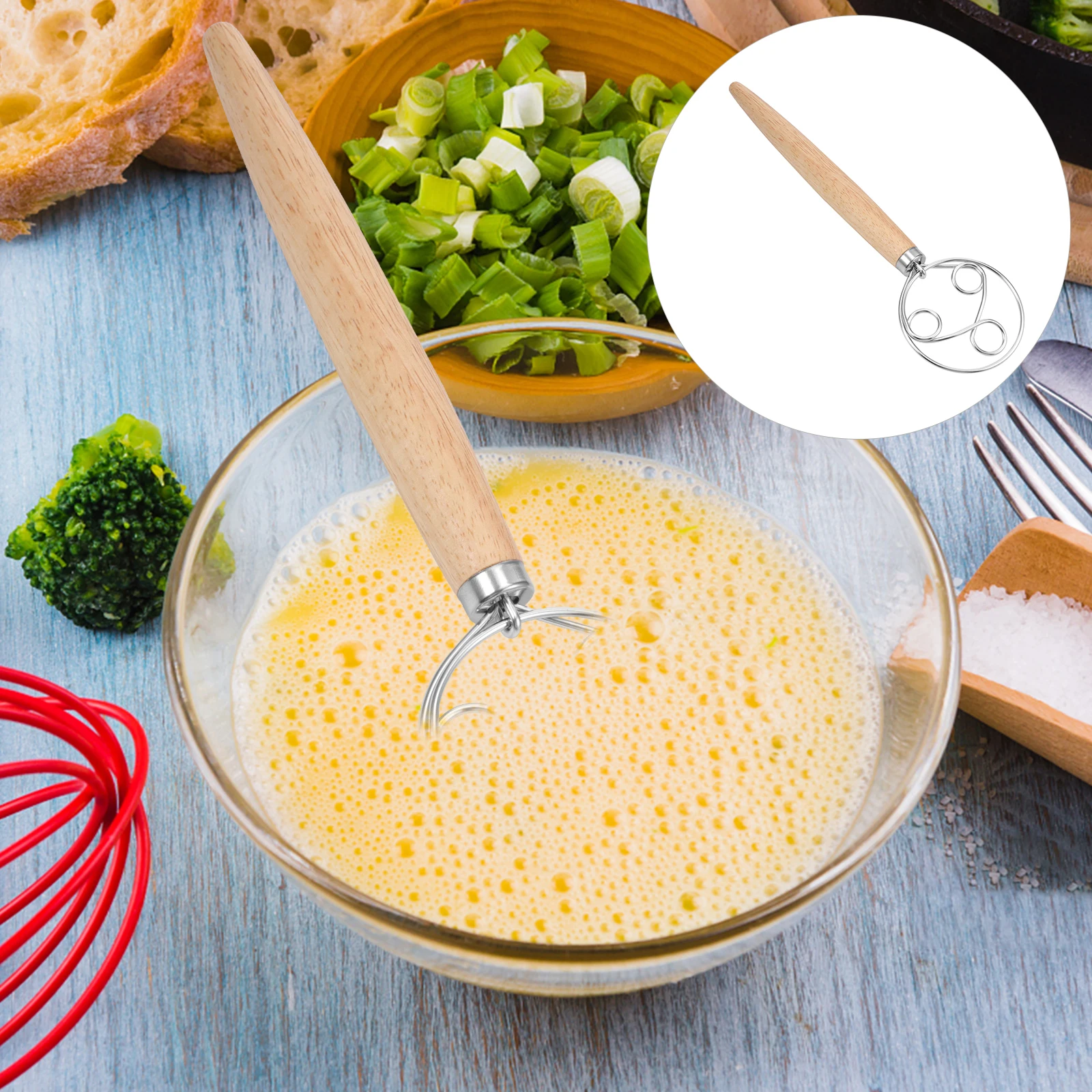 

1pc Oak Wood Handle Flour Mixer Three Ring Whisk For Baking Dough Pancake Pizza Pastry Kitchen Gadget Stainless Steel