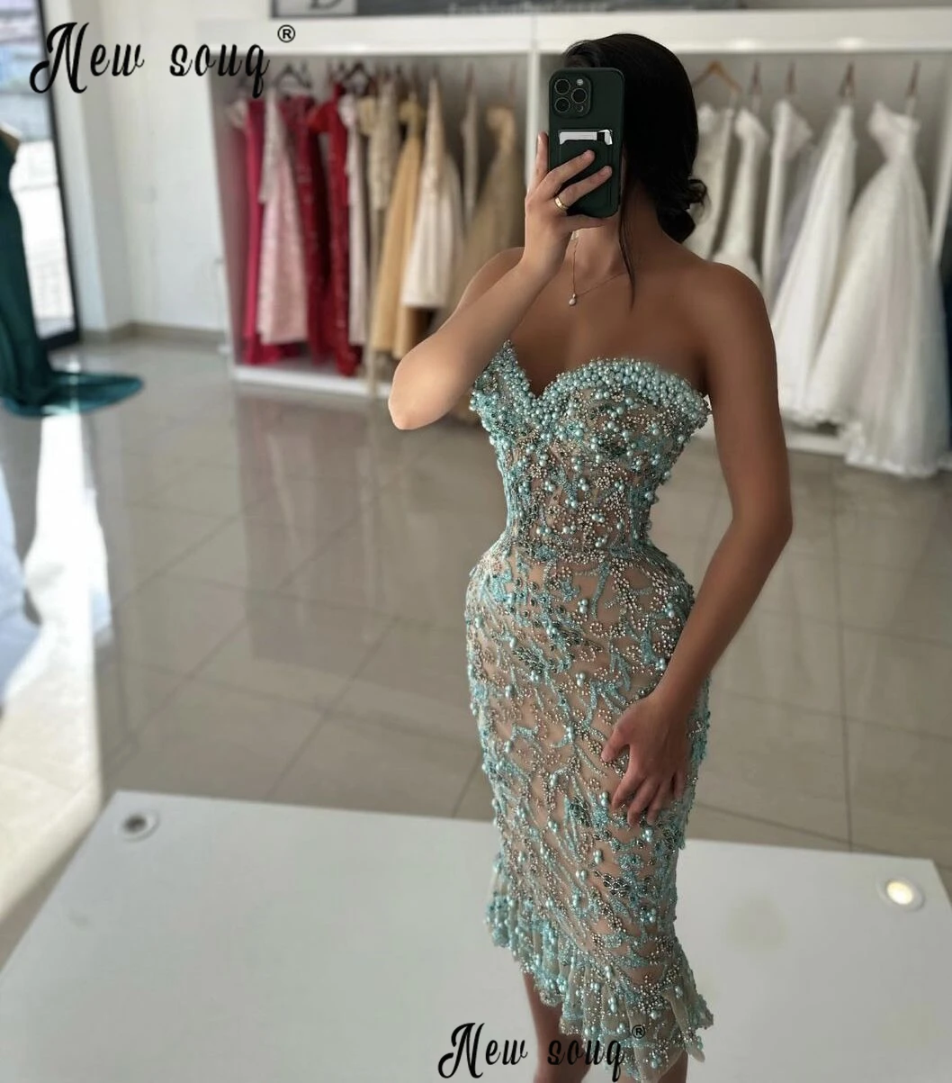 Light Green Midi Evening Prom Dress Embroidery Strapless Beads Fashion Cocktail Dress Trumpet Party Gowns vestidos de graduación