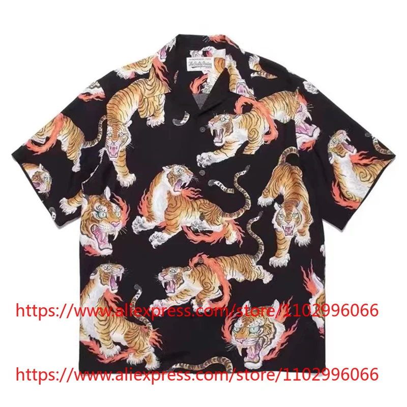 New Arrival WACKO MARIA Retro Tiger Art Hawaiian Shirt Men's Short Sleeve Button Up Casual Top