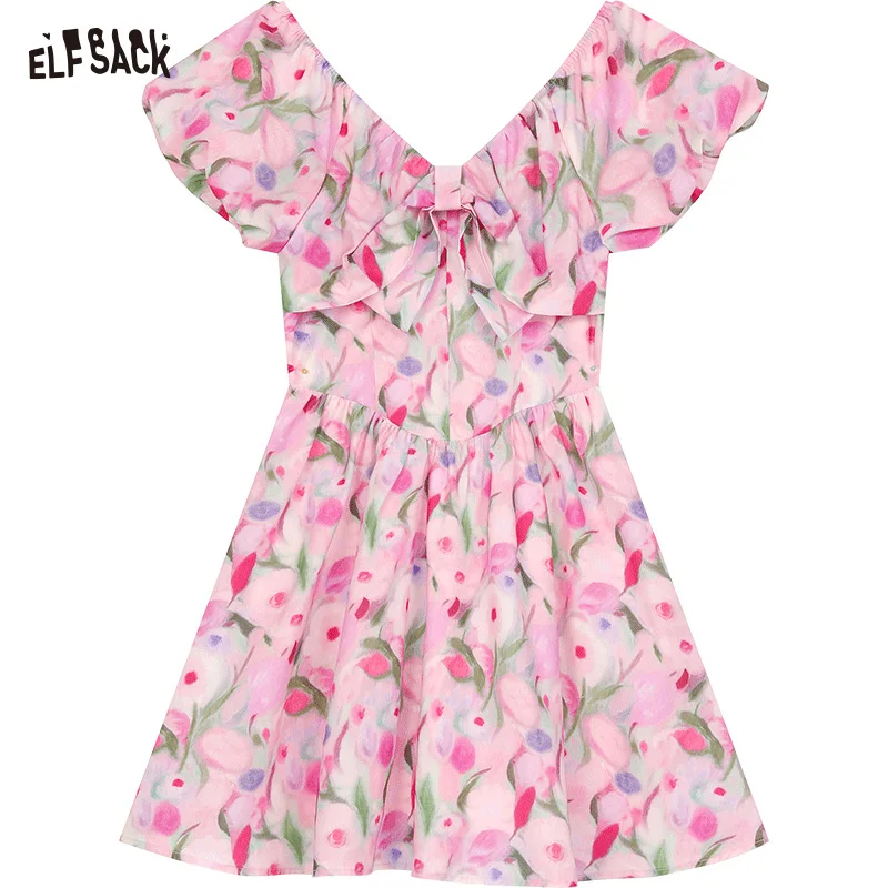 ELFSACK 2024 Summer New Arrivals French V-neck pink floral waist slimming princess dress for women