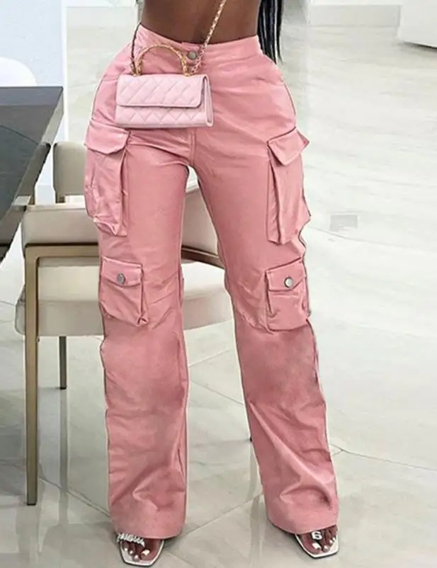 Pink Cargo Pants for Women 2024 Spring Straight Leg Solid Multi-Pocket Design High Waist Pu Leather Loose Baggy Pants Streetwear