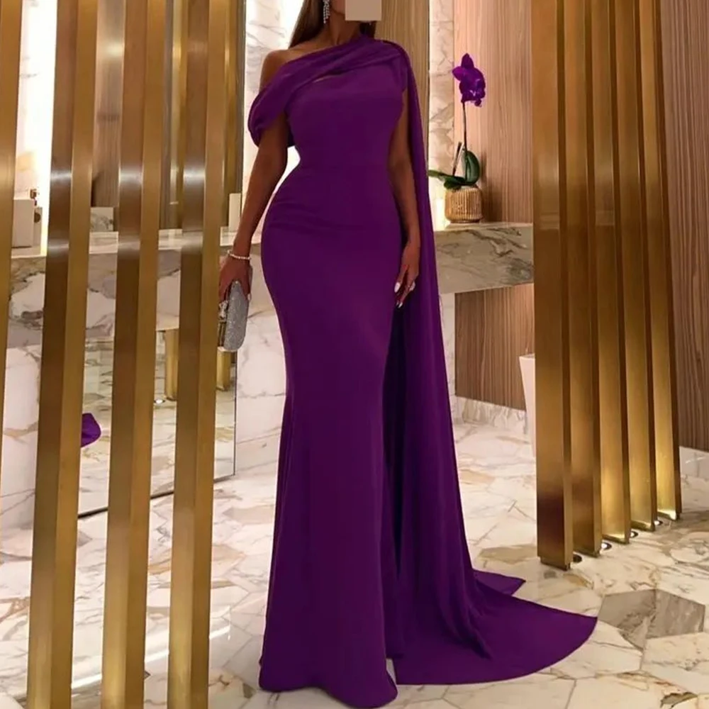 

Customized Modern One Shoulder Off The Shoulder Watteau Train Pleats Evening Dress Fashion Straight Jersey Purple Party Dress