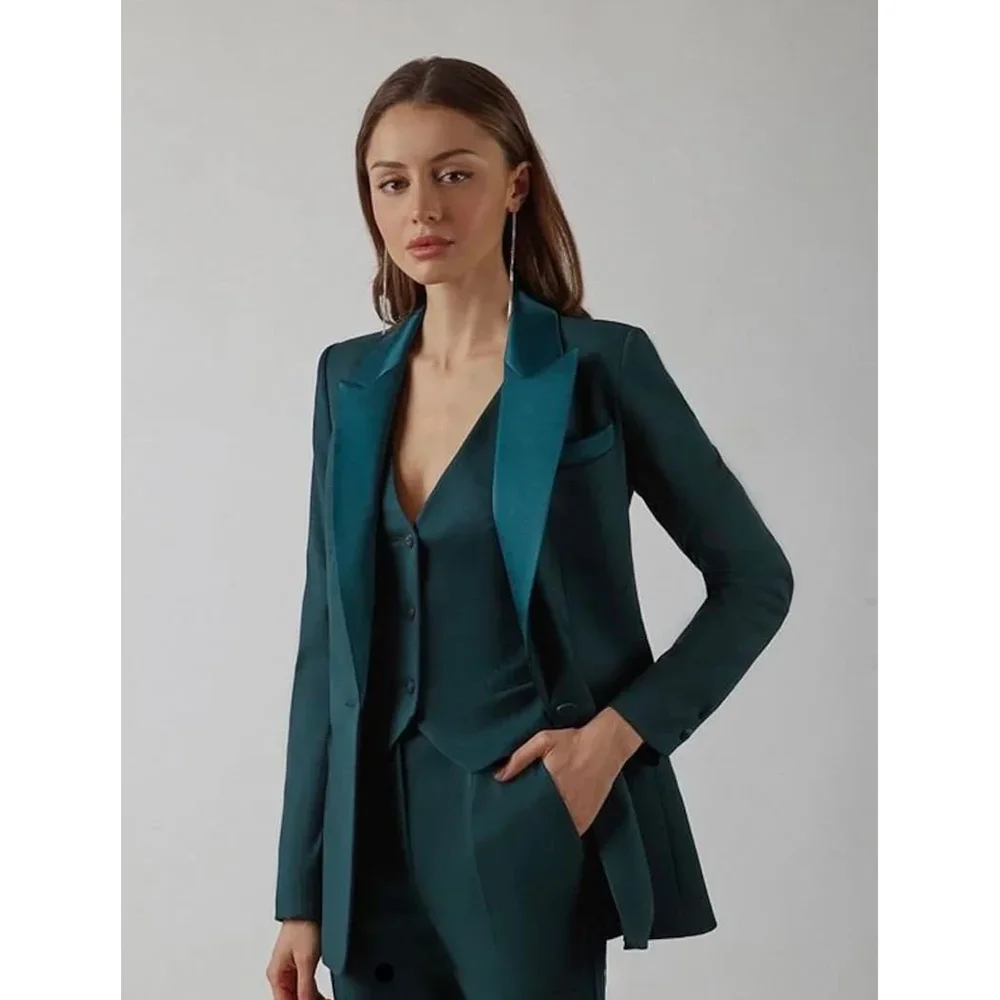 

Women Suits Dark Green 3 Piece Satin Peak Lapel One Button Outfits Fashion Wedding Party Daily Casual Office Lace Pants Sets