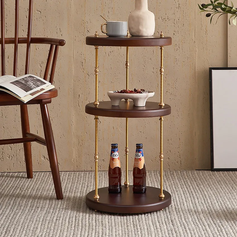 LH solid wood brass shelf three-layer retro refreshment rack small side few medieval