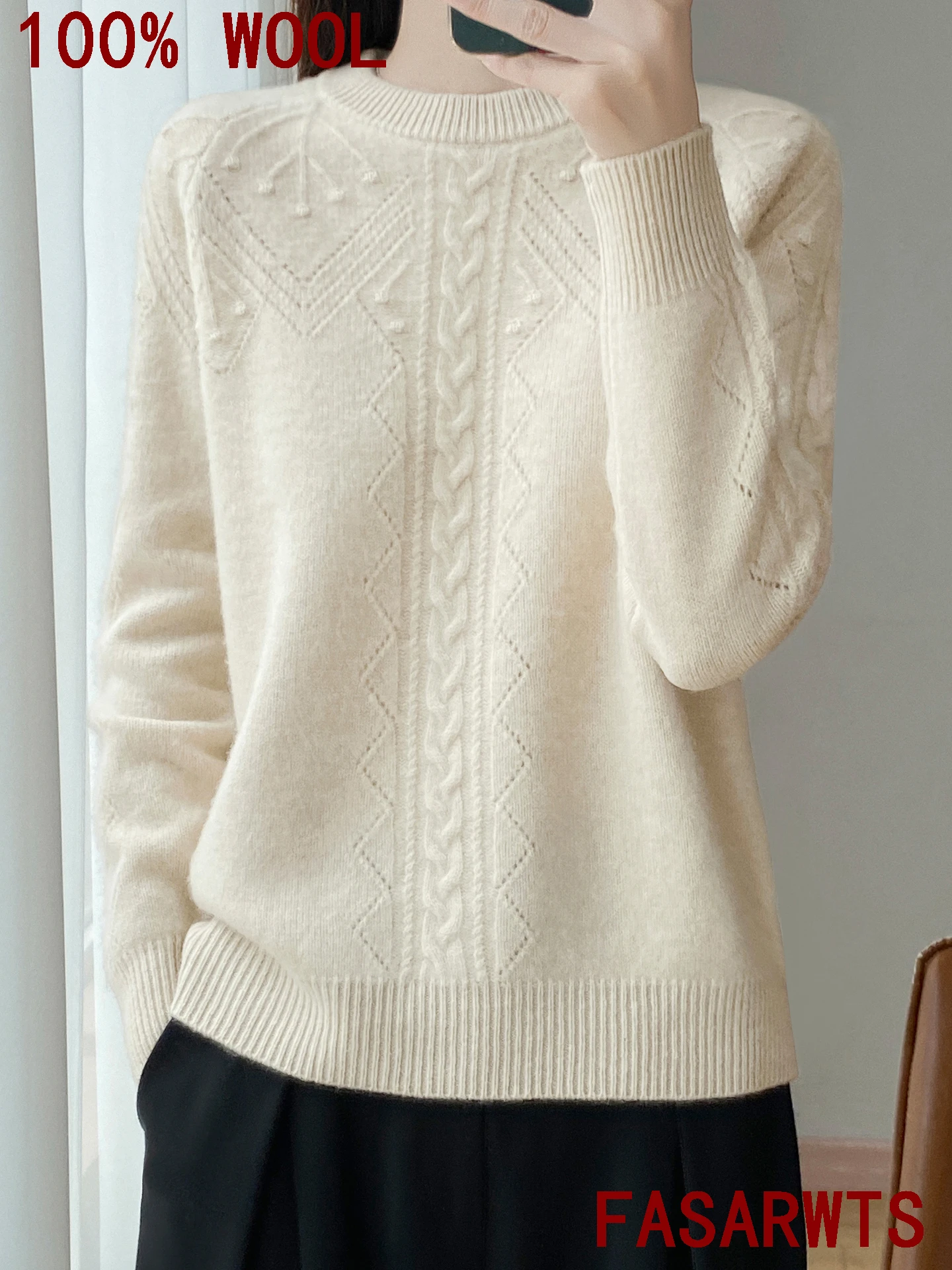 절묘한 여성 스웨터 100% 호주 양모 스웨터 플러스 사이즈 니트 자카드 속이 빈 패션 ONeck 풀오버 가을 겨울 탑