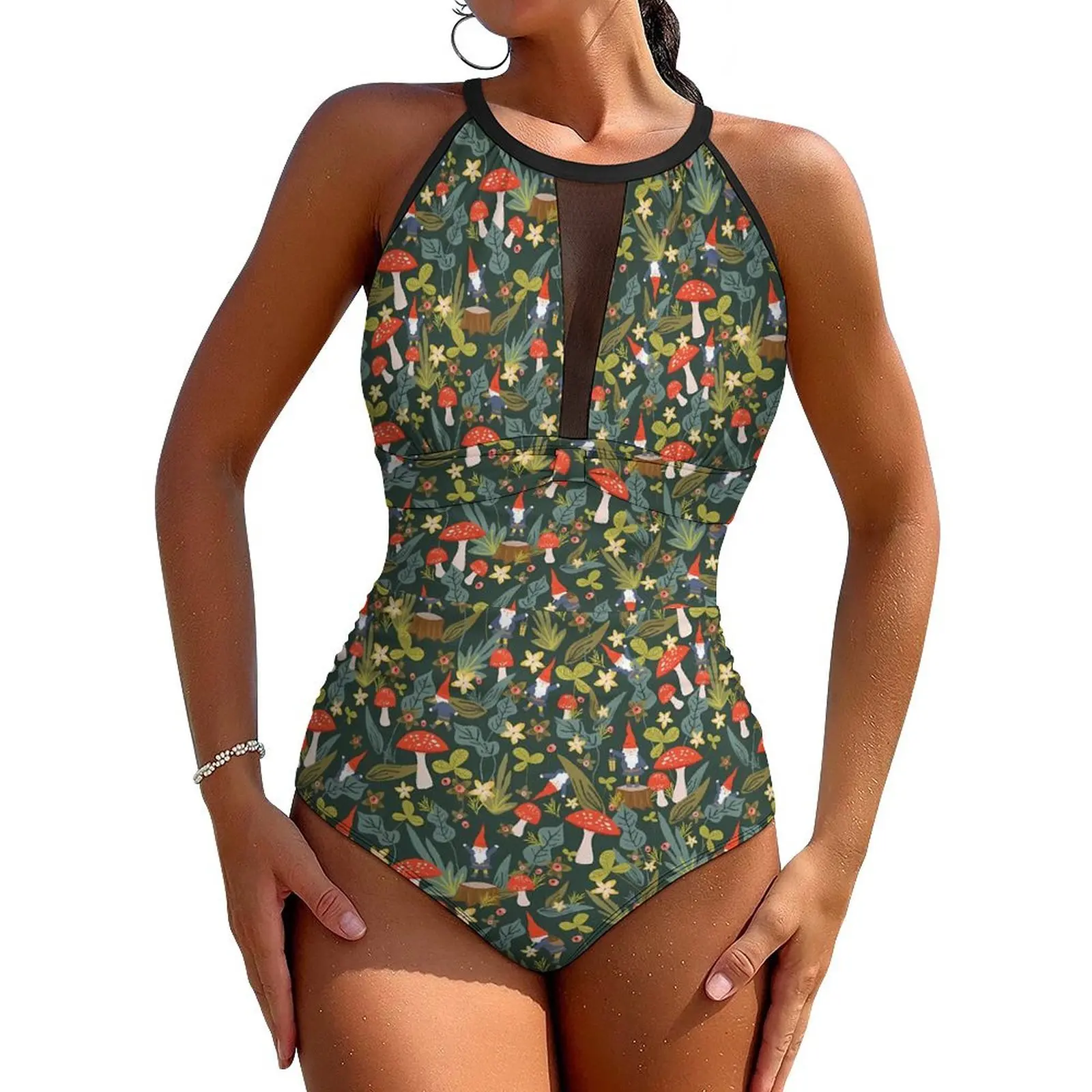 

Magic Mushroom Swimsuit Woodland Gnomes Swimwear One Piece Fitness Graphic Bodysuit Mesh Monokini Women Push Up Sexy Beach Wear