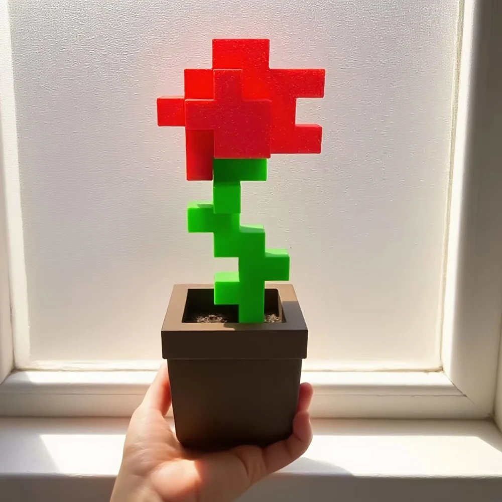 1 Piece Pixel Rose Flower Ornament, 3D Printed Unique Flower Decoration, Plastic Product, Suitable for Bedside Table, Desktop