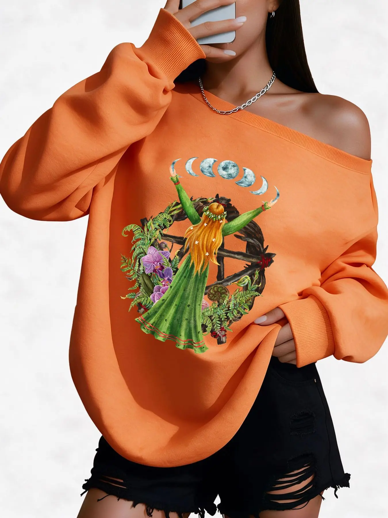 Picture 4: Plus Size 50% Cotton Floral Moon Phase Graphic Print Sweatshirt High Quality Women'S Off-Shoulder Wide Neck Sweatshirt Warm C