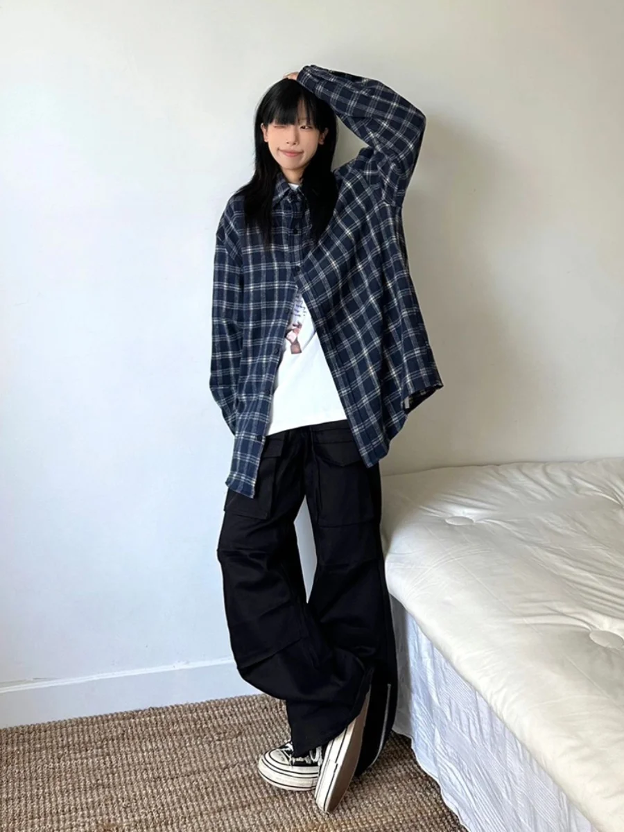 

Spring Autumn Plaid Long Sleeve Fleece Brushed Color Block Loose Casual American Style Shirt Men Women Couple Outfit