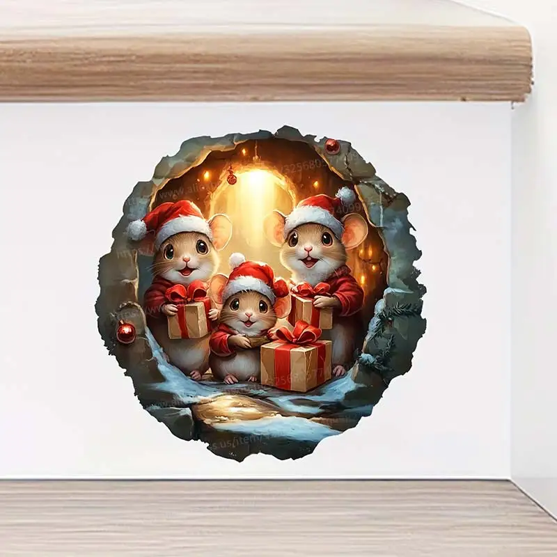 Festive Christmas Mouse Hole Wall Sticker Living Room Wall Edge Home Decoration Mural For Kids Bedroom Funny Rats Decals S453