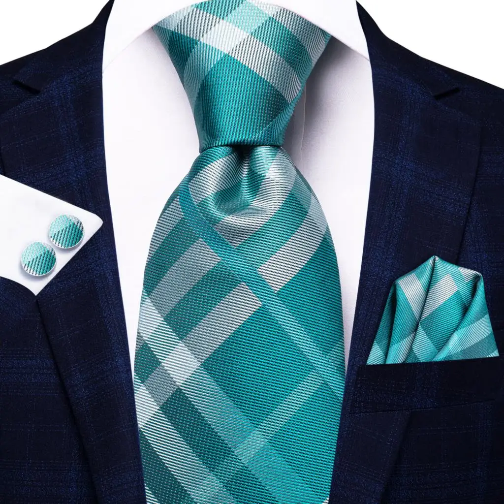 Turquoise Green Plaid Silk Wedding Tie For Men Handky Cufflink Gift Men Necktie Fashion Business Party Dropshiping Hi-Tie Design