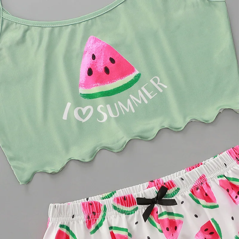 Women\'s Pajamas Set Watermelon Print Summer Suit Sexy Lingerie Pyjamas Set Round Neck Soft Breathable Tank Top Shorts Homewear