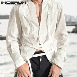 INCERUN Men Irregular Shirts Solid Color V Neck Long Sleeve Casual Men Clothing Streetwear 2024 Korean Style Fashion Male Shirts