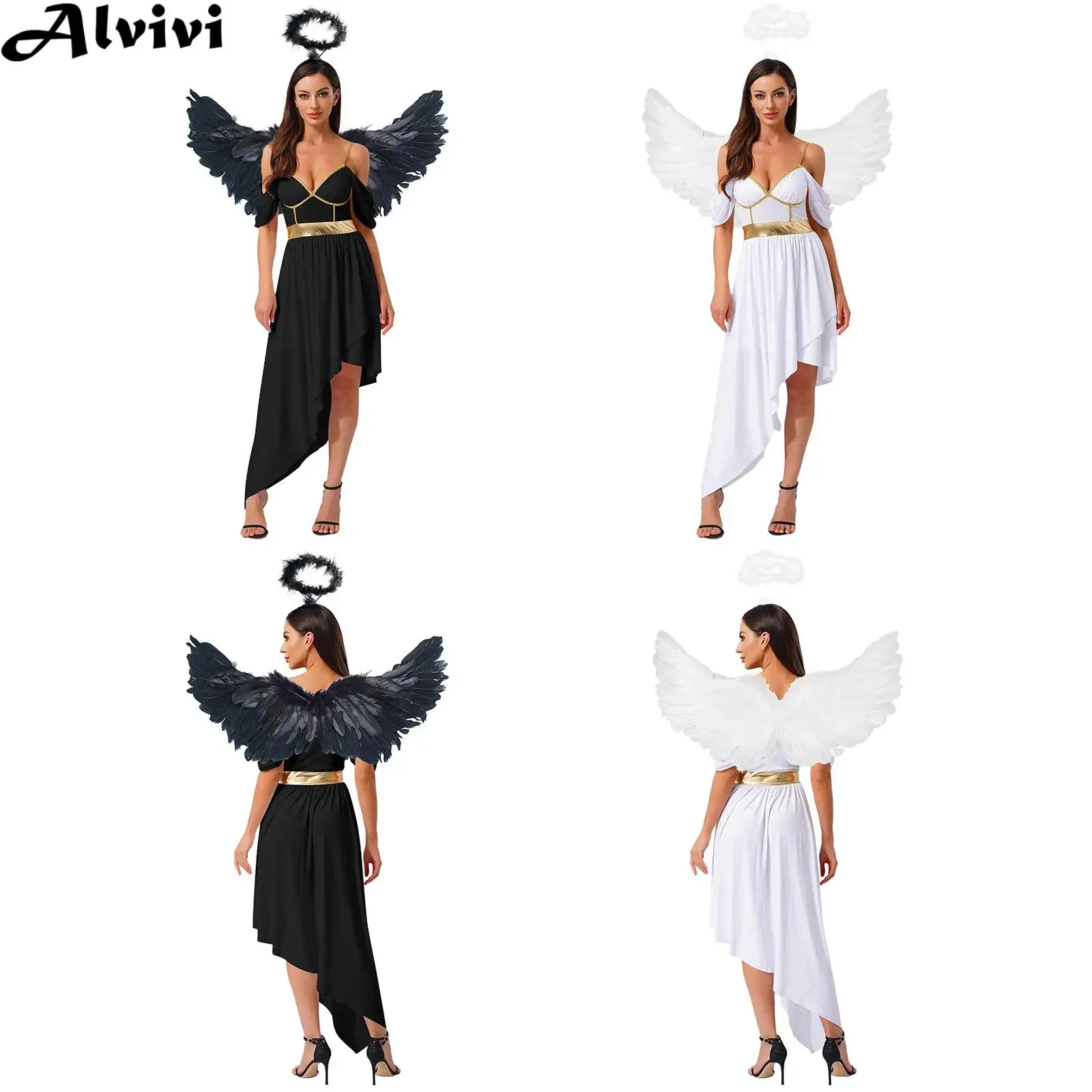 

Женское металлическое блестящее платье для косплея в стиле ангела, Купидона, феи, богини с перьевыми крыльями и повязкой на голову, костюм для Хэллоуина, карнавала, тематической вечеринки