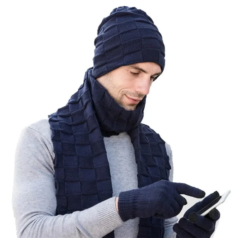 Winter Men Knitted Long Scarf Hat Gloves Set Man Warm Plush Protection Ear Cap Scarves And Touchscreen Gloves