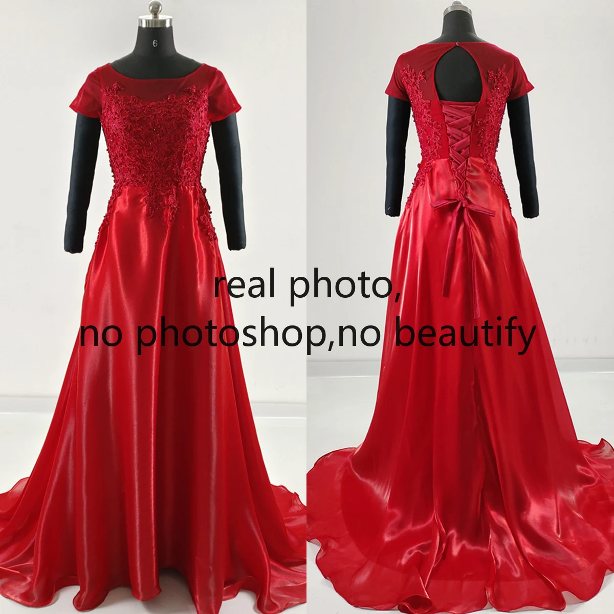 

Real Photo Evening Dress Burgundy Appliques O-neck Short Sleeves A-line Floor length Lace up Plus size Women Party Formal Gowns