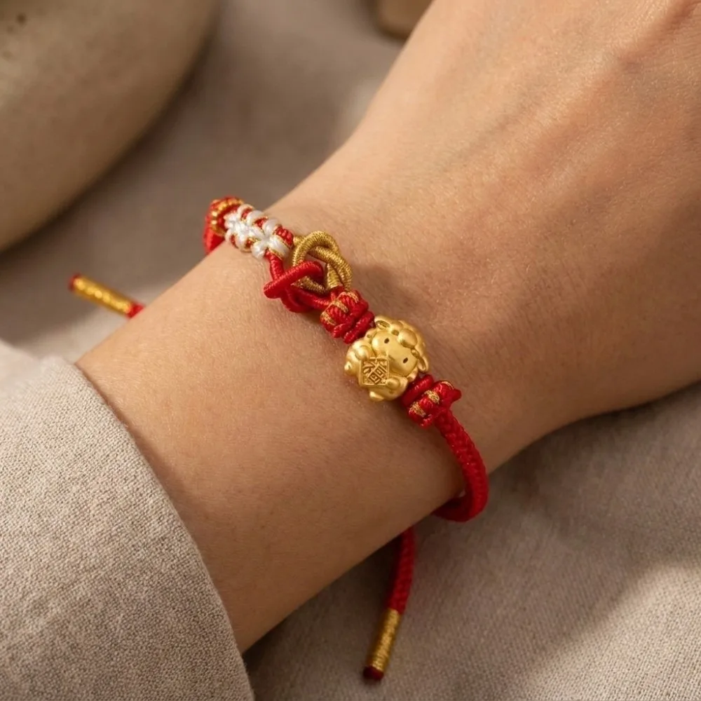 Chic Alloy Zodiac Goat Bracelet Braided Gold Plated Red String Hand Chain Lucky Adjustable Size Chinese Knot Bracelet Daily Wear
