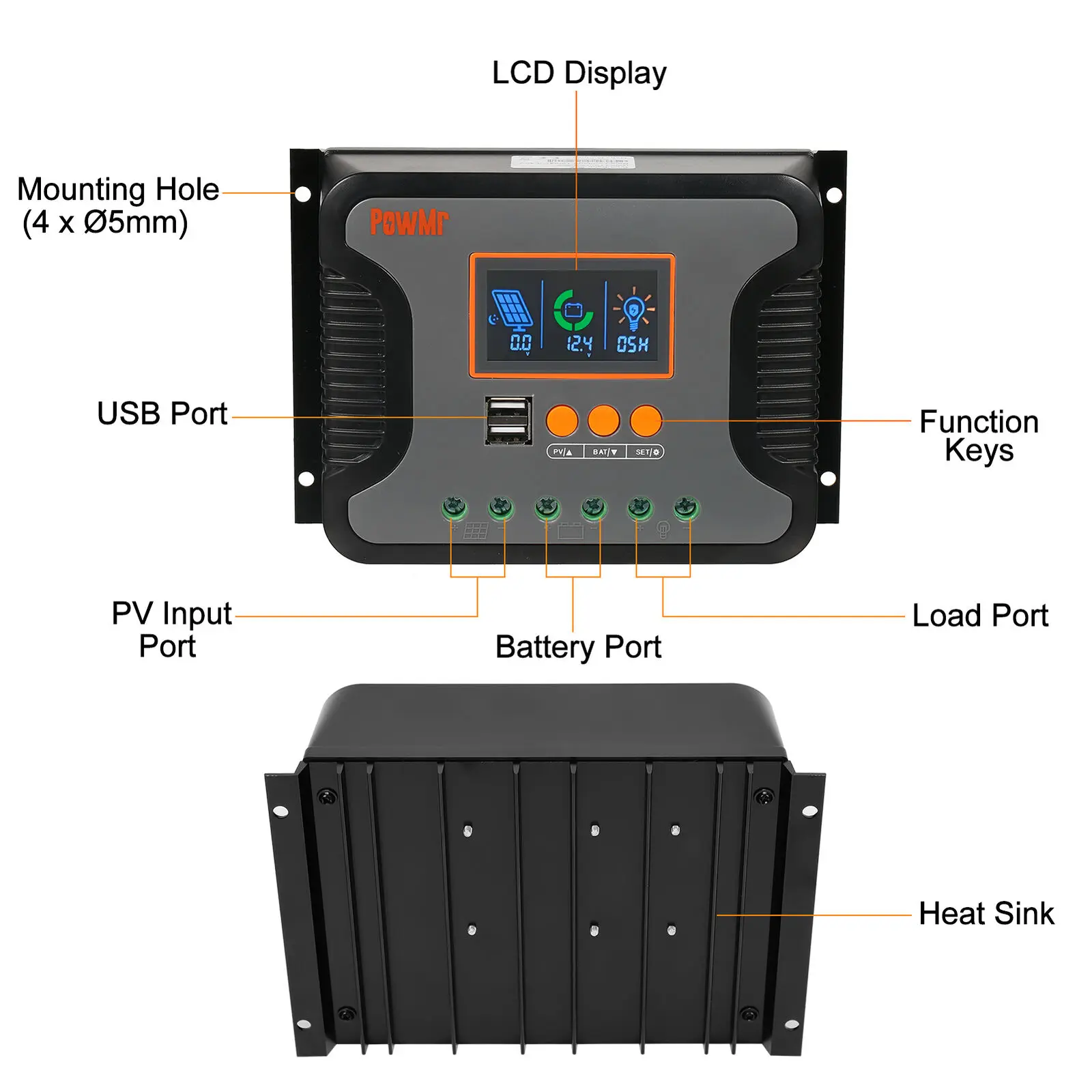 PowMr PWM 80A/60A /30A Pengendali Pengisi Daya Surya Layar LCD Apung Otomatis 12V 24V 36V 48V Sistem Pengontrol Pengisi Daya Baterai Lithium