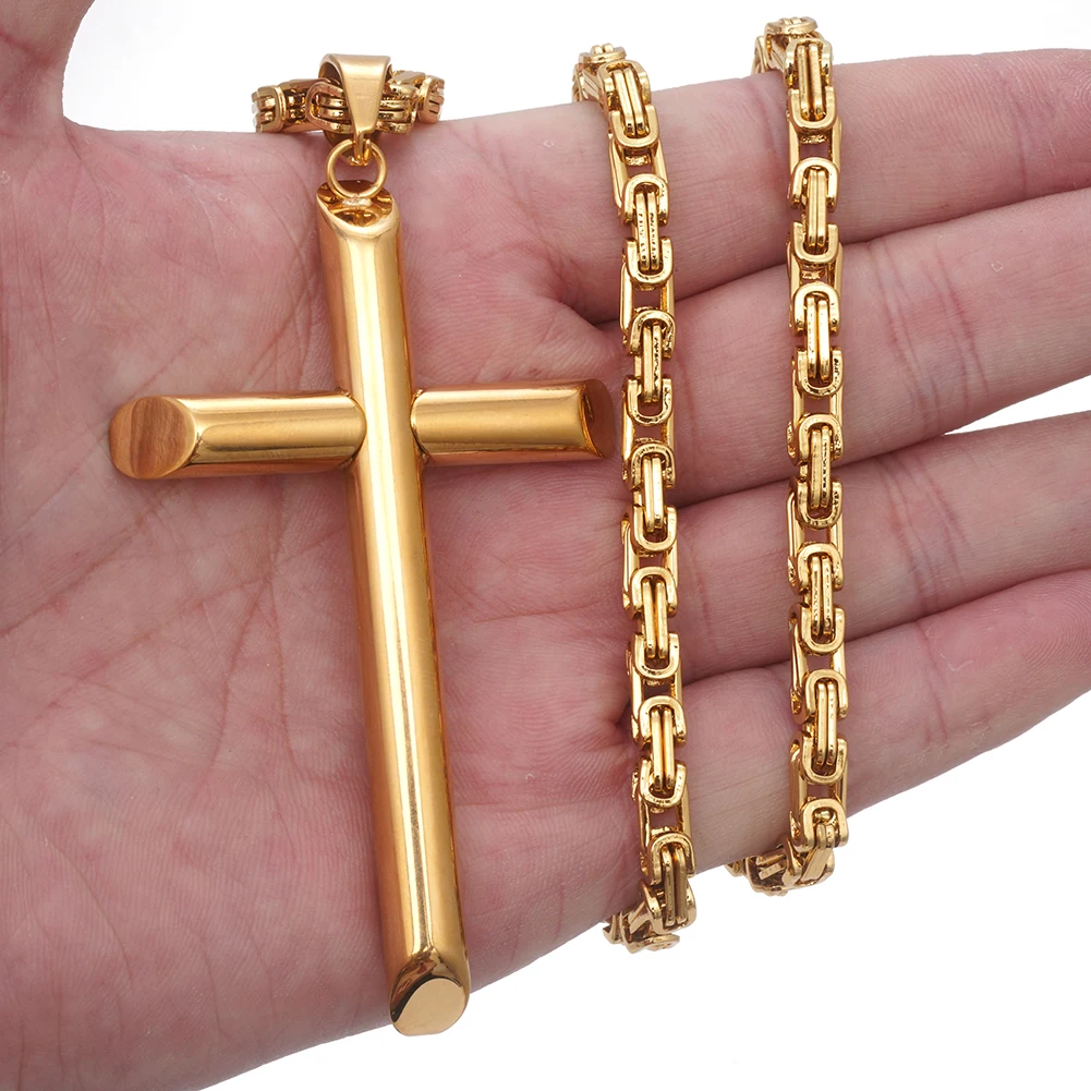 Gold Stainless Steel Big Cross Pendant Necklace with 6mm Byzantine Box Chain 22inch-36inch