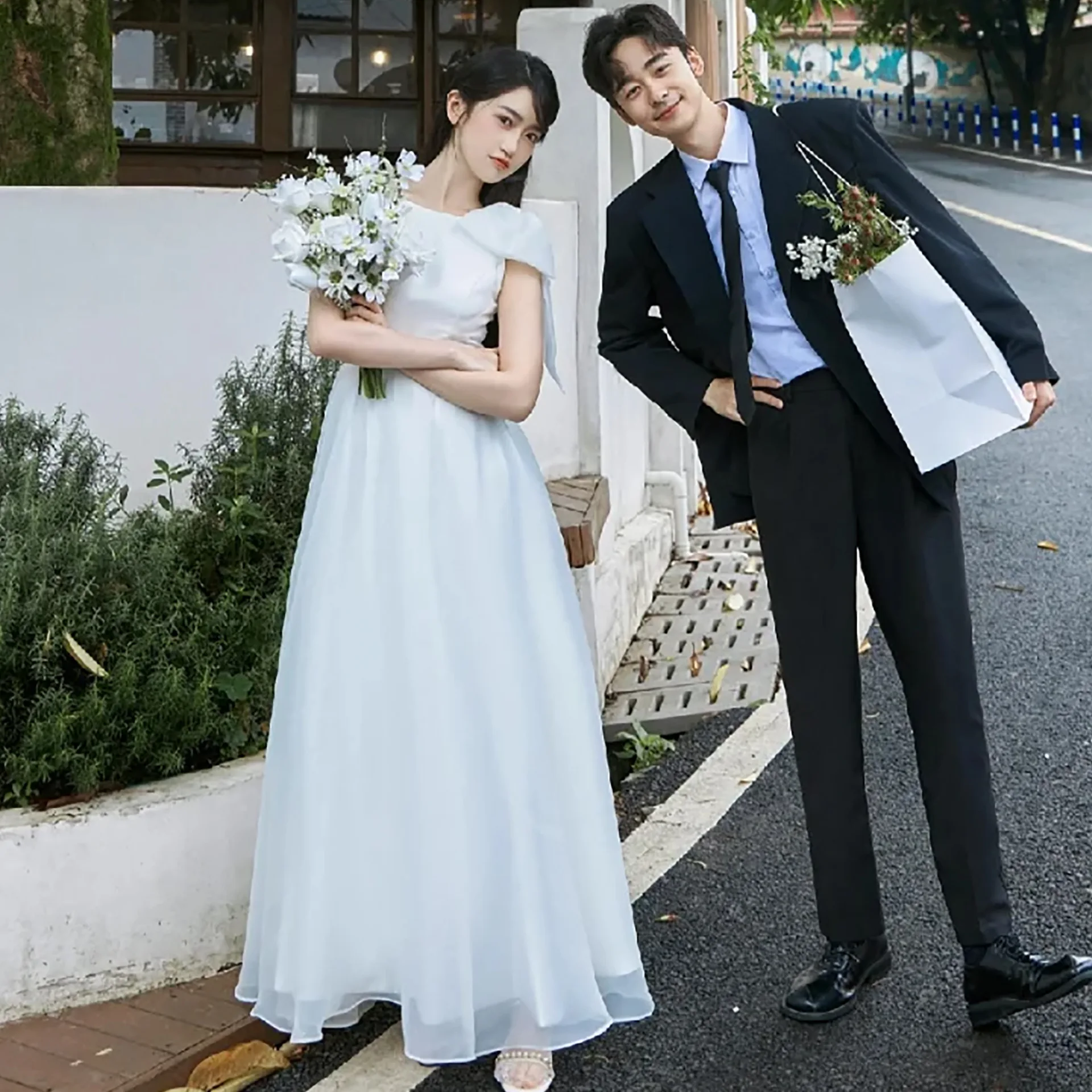 White O-Neck Light Wedding Dresses Korea Satin Organza Floor-length Simple Bridal Dress Photo Shoot Evening Dress robe mariee