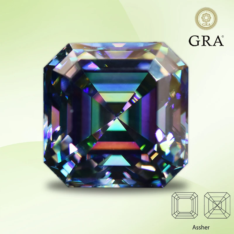 

Moissanite Stone Rainbow Green Color Asscher Cut Gemstone Lab Created Heat Diamond for Charms Women Jewelry with GRA Certificate