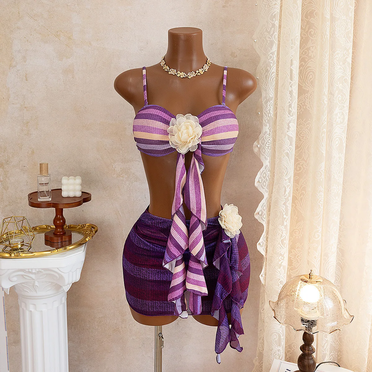 3 Pcs Purple Striped Bikini Set 3D Flower Push Up Top Wrap Skirt Cover Up Mini Sarong Women Romantic Beach Bathing Suit Swimwear