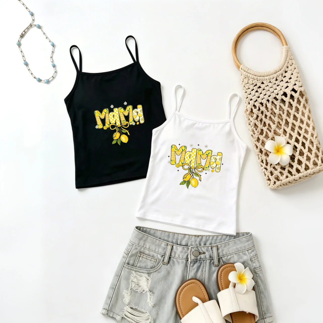 Streetwear MAMA Slogan Cami Top Womens Summer Spaghetti Strap Casual Slender Tank Blouse with Fresh Lemon Bowknot Graphic