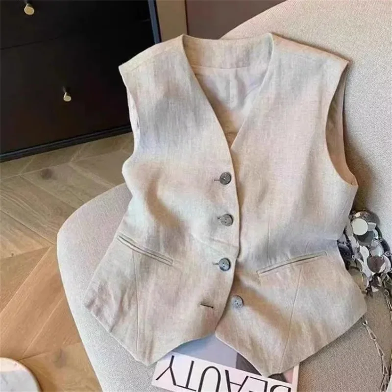 

V-neck Linen Suit Sleeveless Single-breasted Vest Jacket Women's Summer Fashion Temperament Sleeveless Vest Jacket Women's Vest