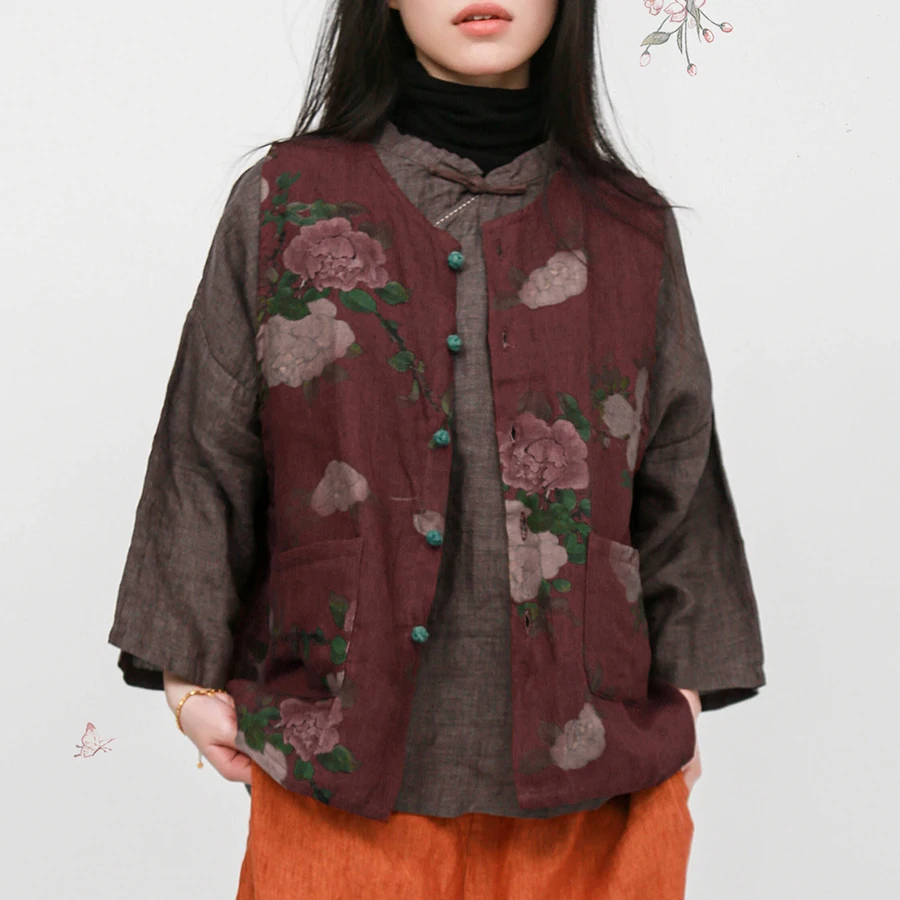 LZJN Spring and Autumn New Chinese-Style Single-Layer Linen Printed Loose Vest with Vintage Toggle Buttons and Distressed Design