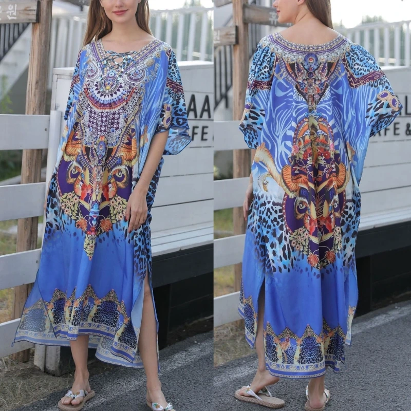 Boho retrô azul estampa leopardo, roupa banho feminina, saída verão, sexy, biquíni envoltório, vestido praia, roupa