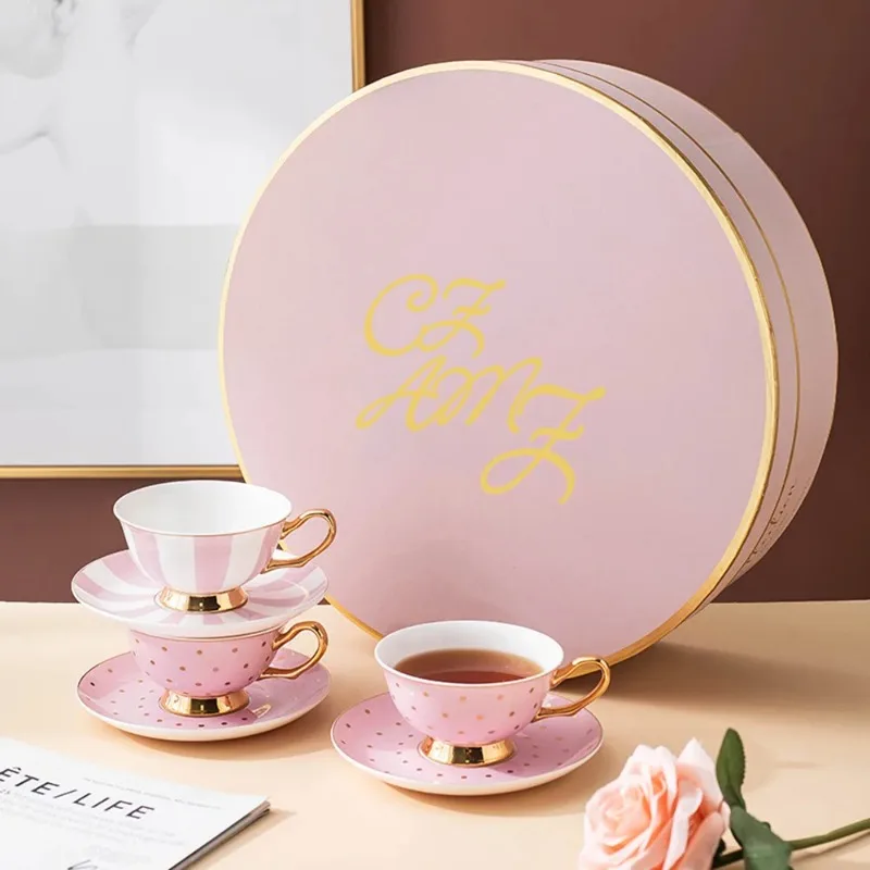 Elegant Home Gift Set Ceramic Coffee Cup British Striped Spotted Tea Cup Saucer Fine Bone China Tea Set 6-piece Set