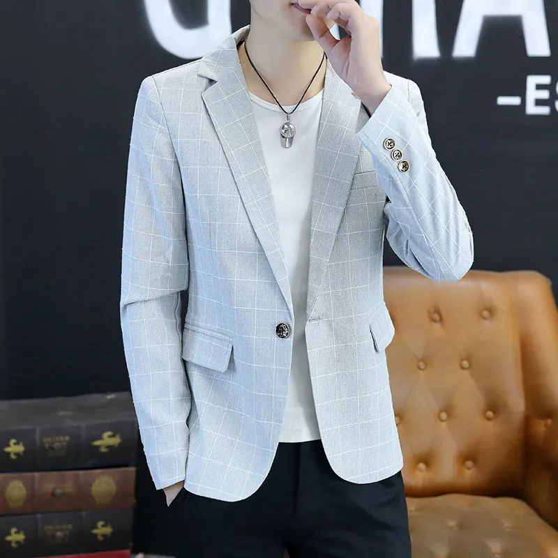 

Autumn Men's Slim Fit Plaid Suit Jaet Casual Korean Sle Single Piece Upper Apparel Long Sve Polyester Fiber