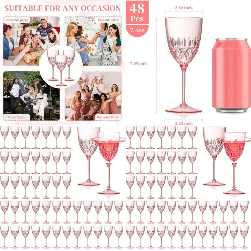 

Set of 48 Unbreakable Pink 7.4oz Wine Glasses for Weddings, Parties, and Events