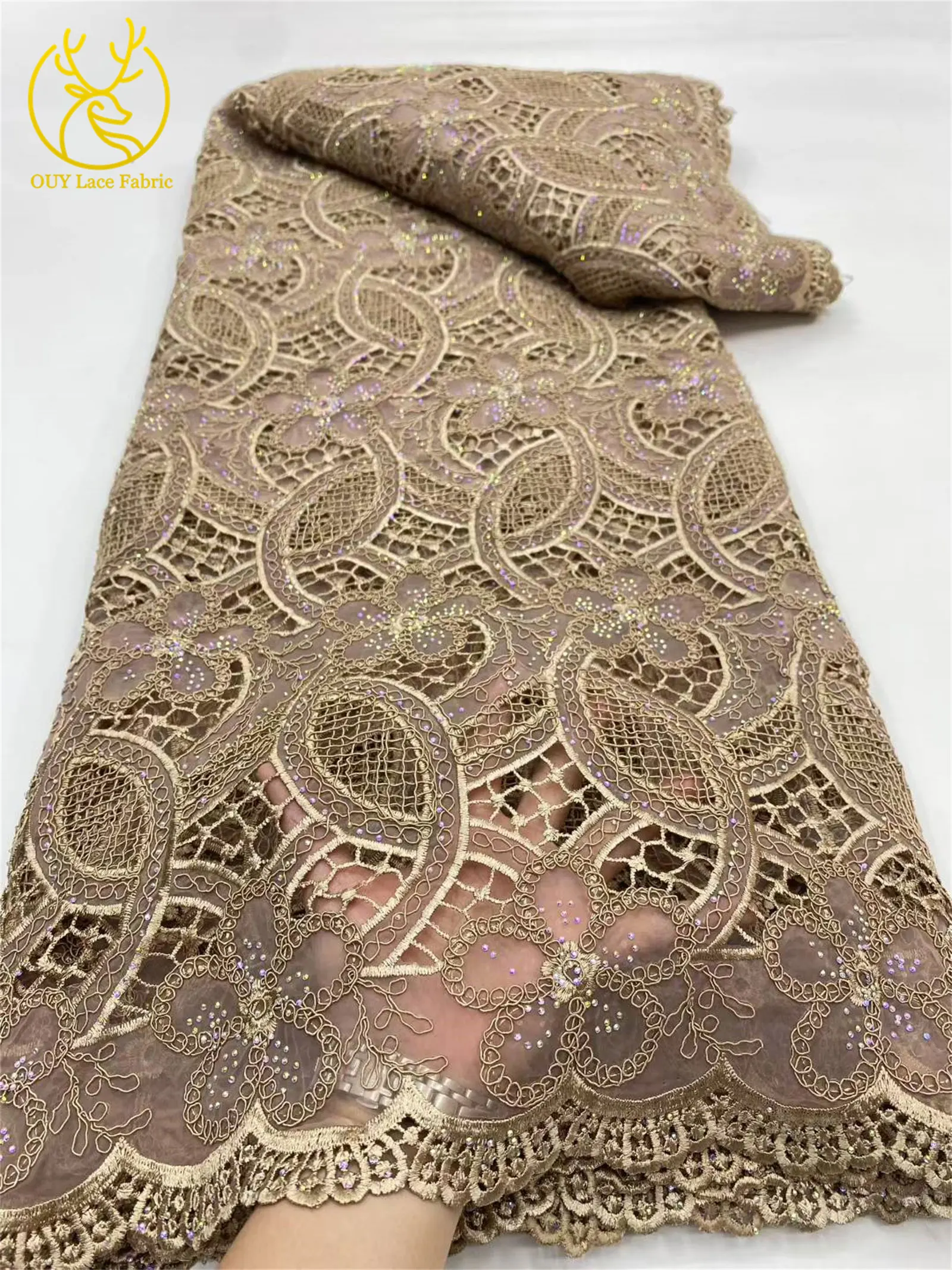2025 Africa Guipure Corded Lace Fabric High Quality Nigerian Stone Mesh Water Soluble Lace Bridal Women Party Evening Dresses
