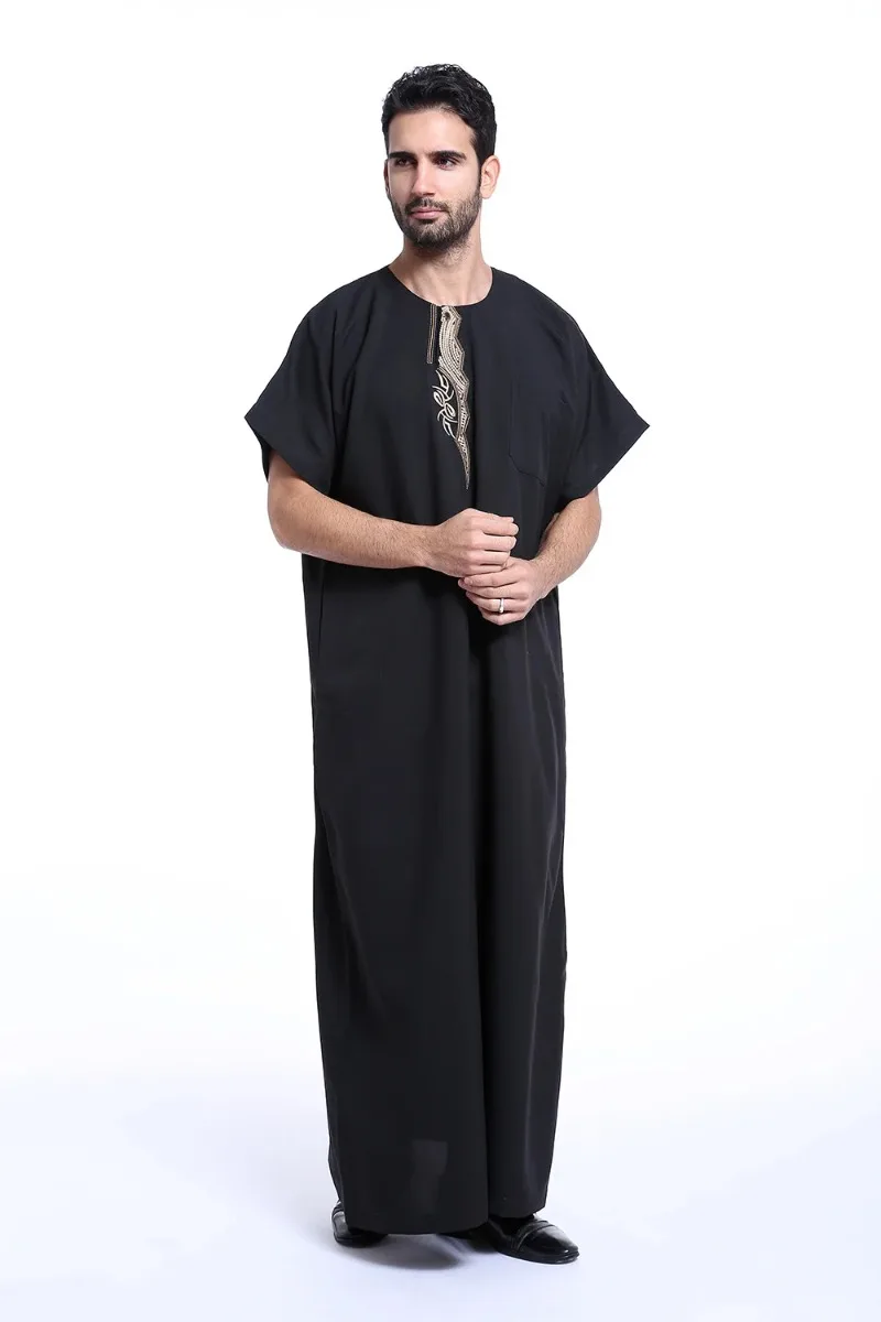 Robe islâmico saudita kaftan thawb masculino muçulmano tripulação pescoço bordado dubai longo abaya ramadan thobe arábia vestido de mangas curtas caftan