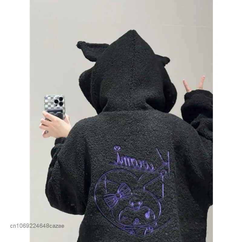 Sanrio Kuromi Plush Warm Sweater Embroidery Hooded Lamb Fleece Autumn Winter Coat Y2k Sweet Girls Chic Loose Clothes For Women